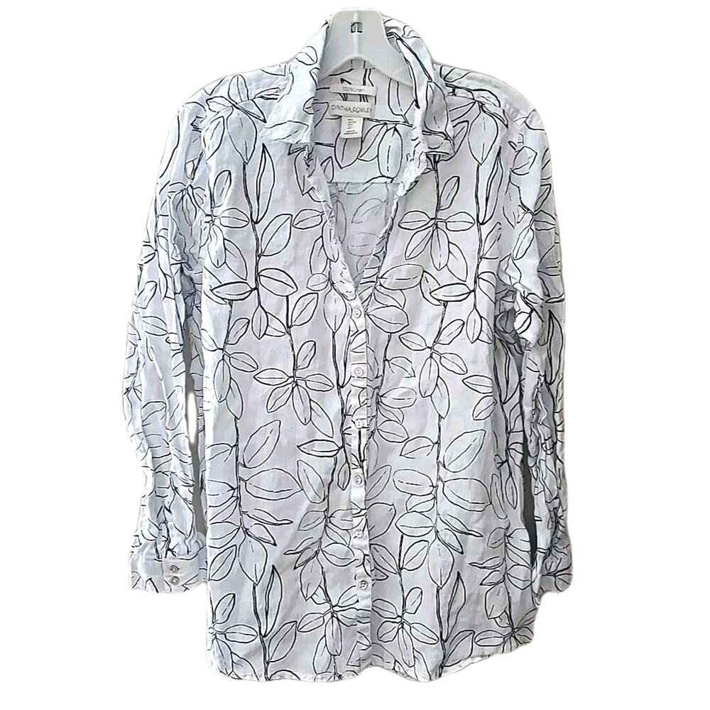 Cynthia Rowley White Leaf Print Linen Casual Button Down Shirt Womans Size Large